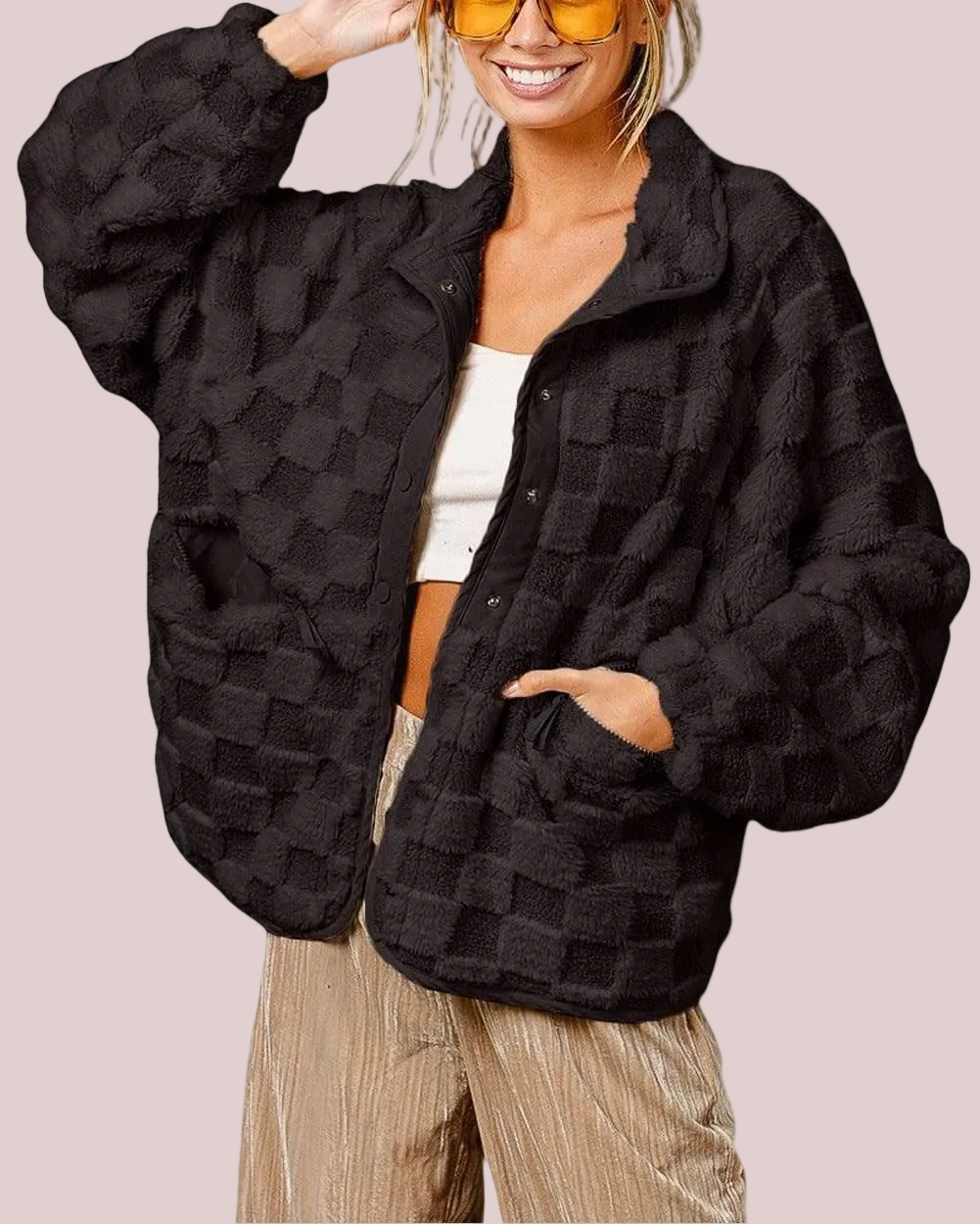 Women's Fall Winter Checkered Sherpa Fleece Jacket With Functional Pockets