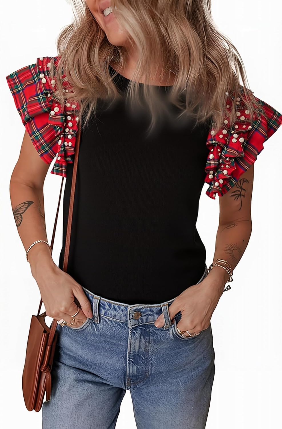 Women's Plaid Ruffle Short Sleeve Pearl Tops