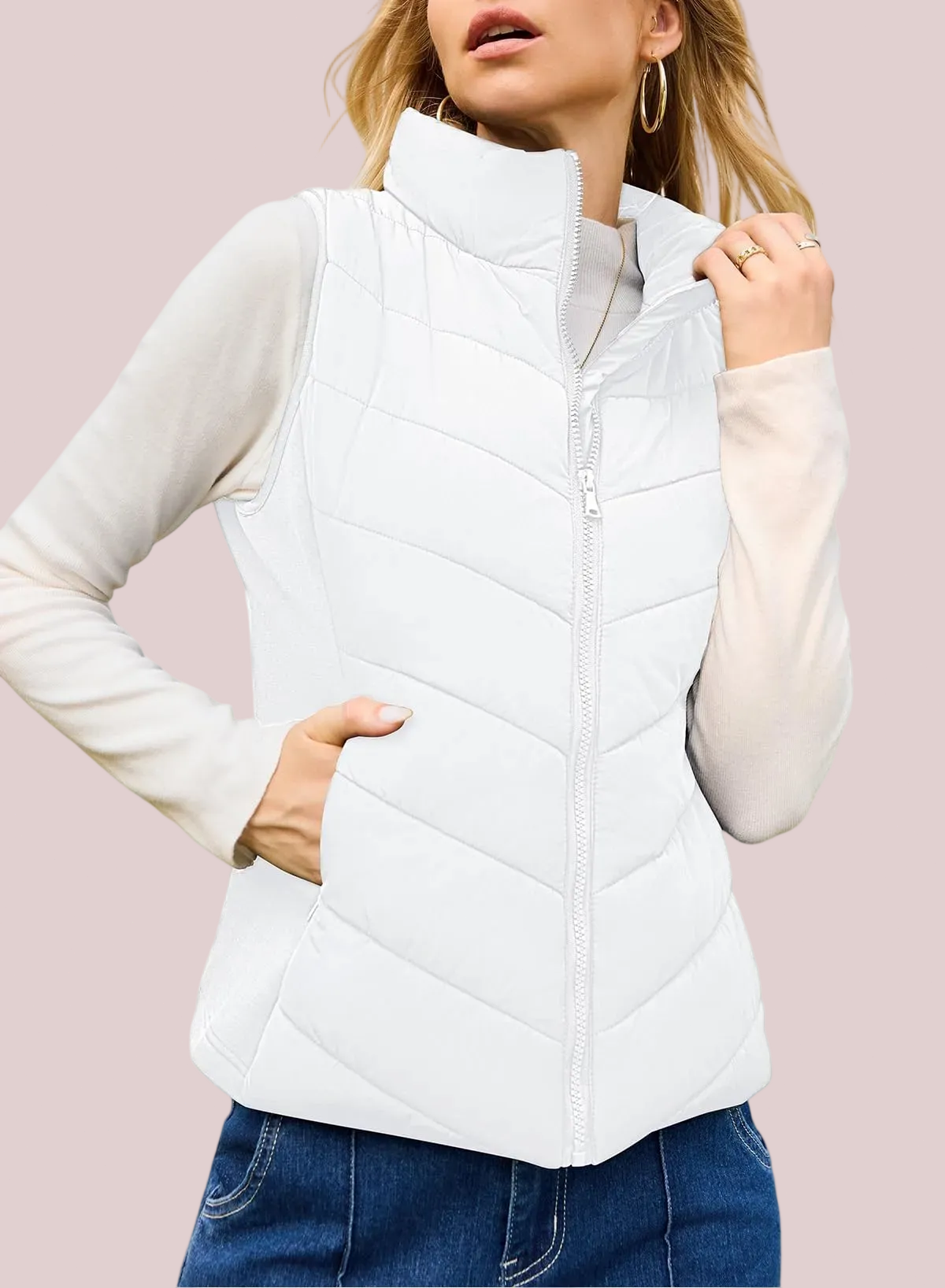 Women's Sleeveless Zip Up Stand Collar Quilted Puffer Vest