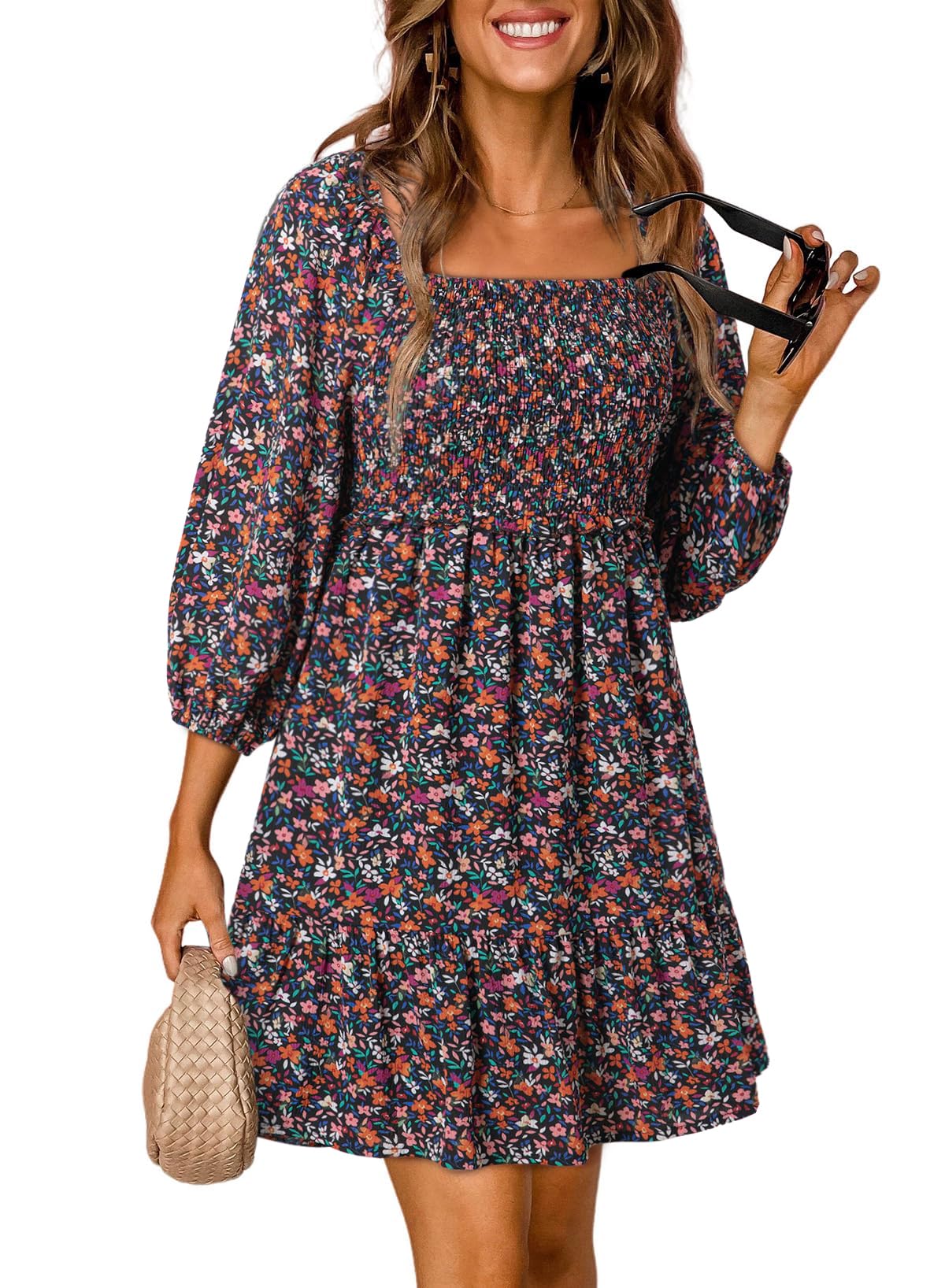 Women's Square Neck Smocked Boho Floral Dress