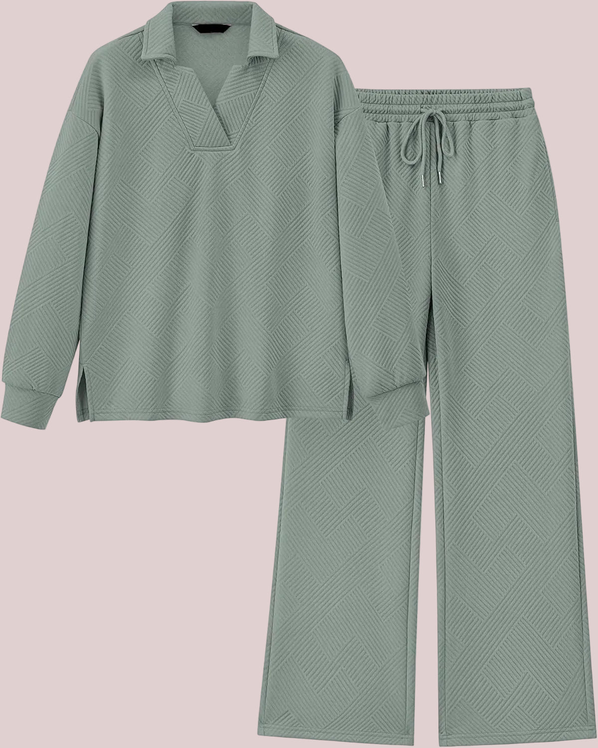 Women's Lapel V Neck Textured Lounge Sets