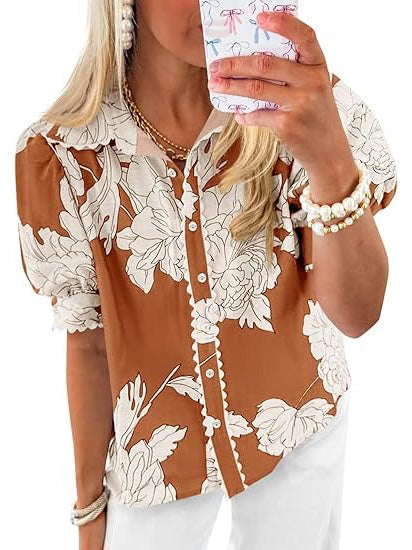 Women's Puff Sleeve Floral Print Button Down Shirts