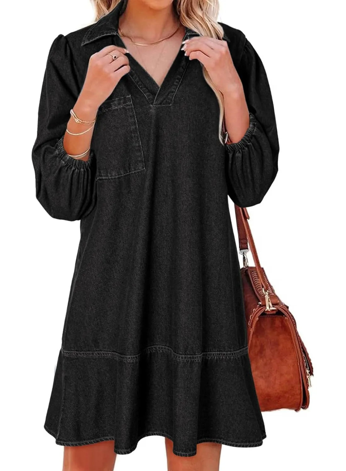 Women's V-Neck Puff Sleeve Denim Layered Dress