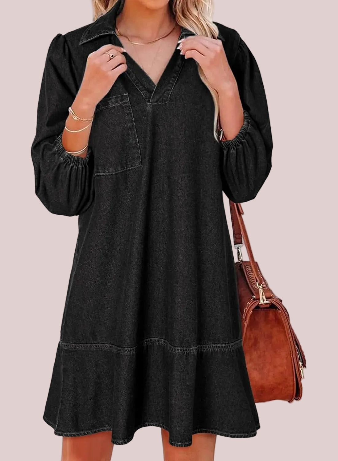 Women's V-Neck Puff Sleeve Denim Layered Dress