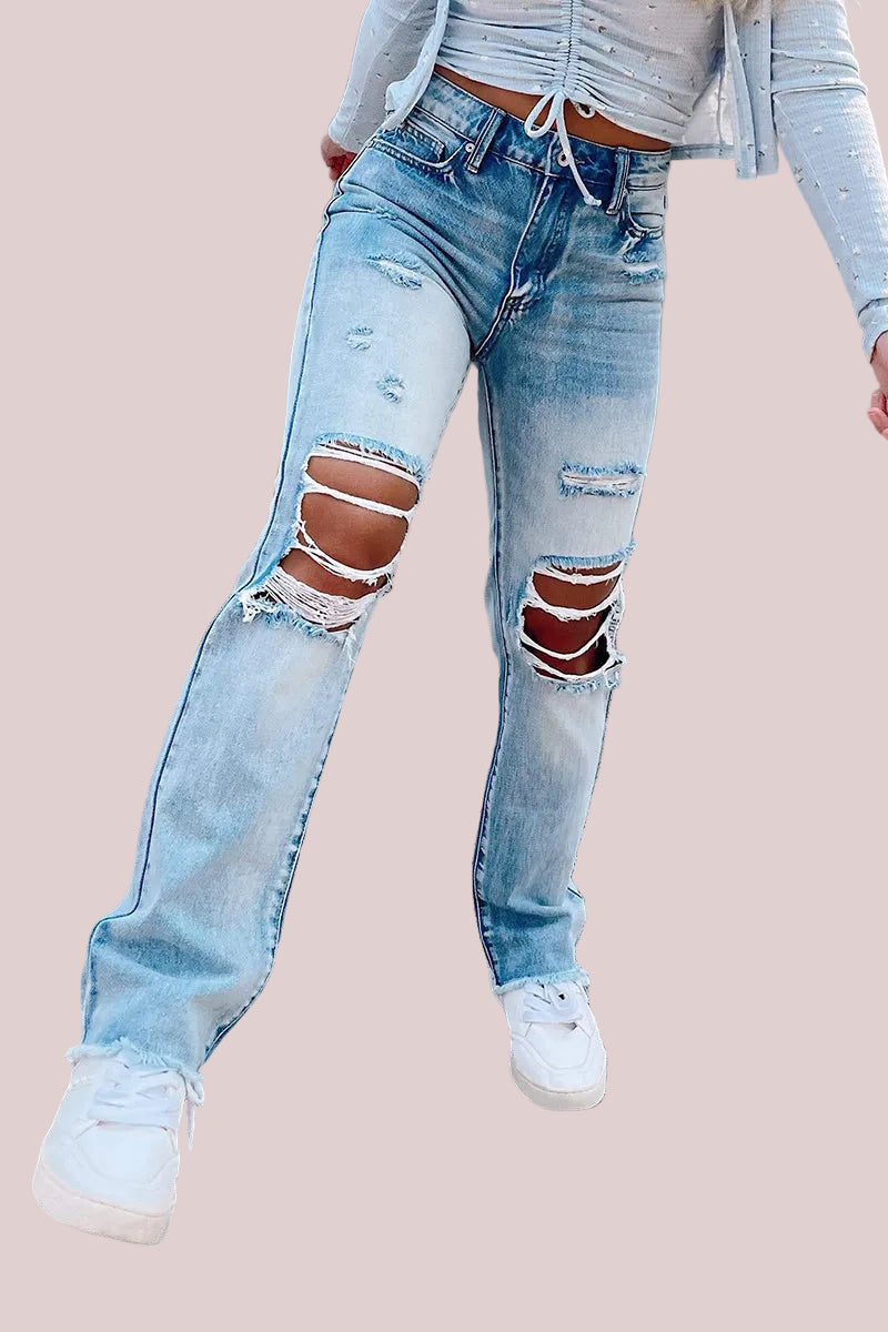 High Waist Frayed Hem Ripped Jeans
