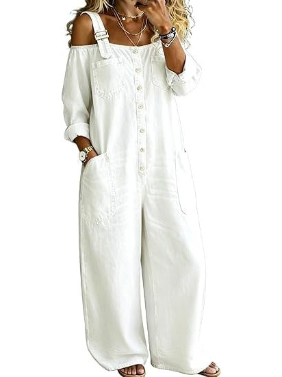 Women's Vintage Washed Off Shoulder Denim Wide Leg Overalls