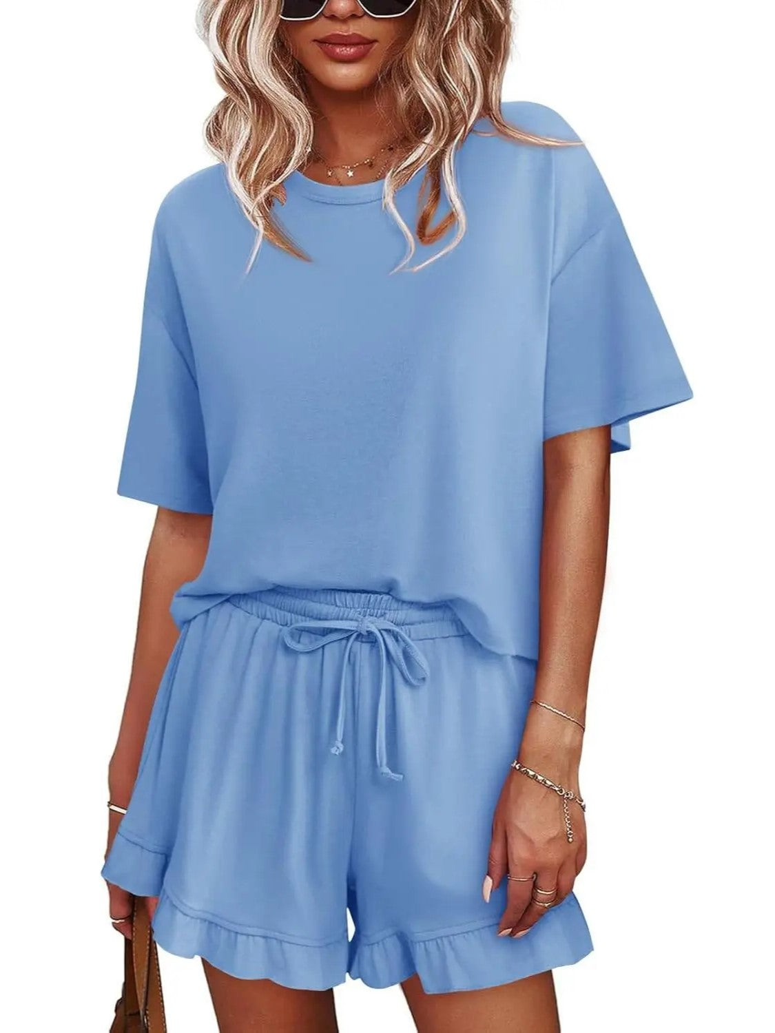 Women's Ruffle Short Sleeve Loungewear Short Set