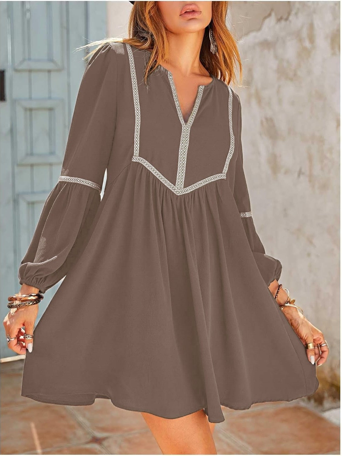 Women's Ruched Notched Long Sleeve Mini Dress