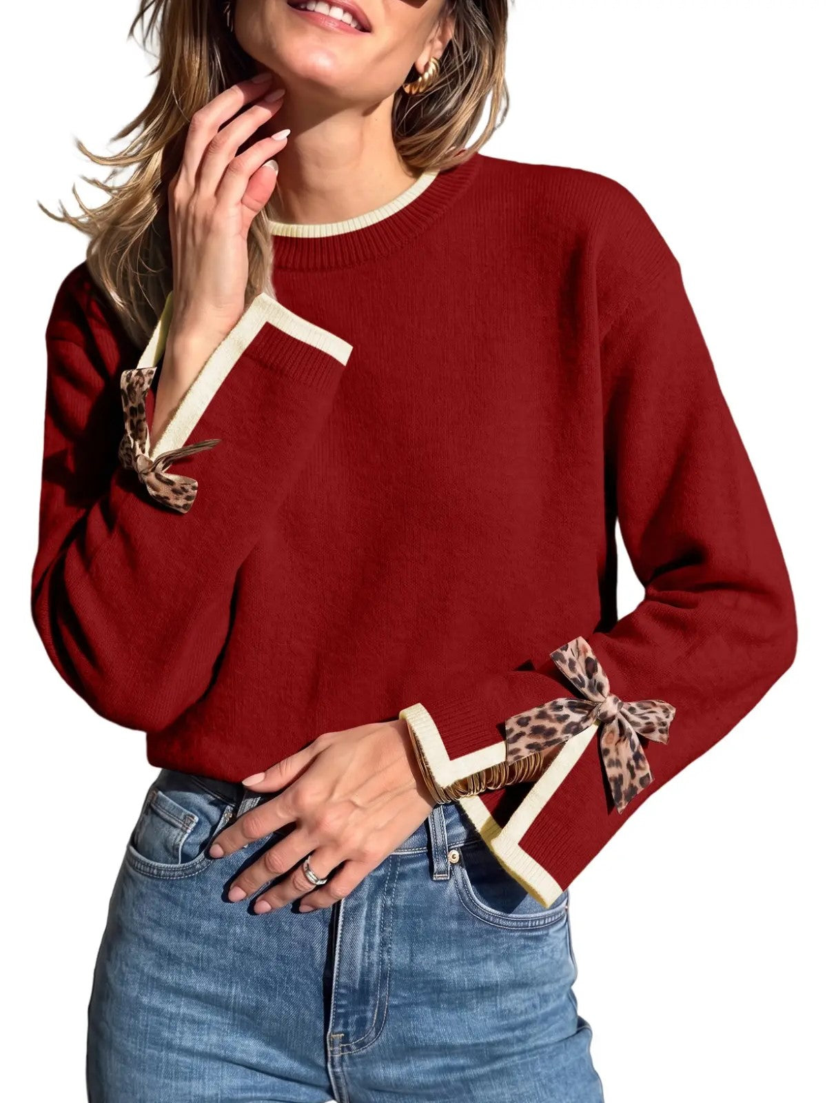 Women Crew Neck Knit Sweater With Leopard Print Bow Cuffs