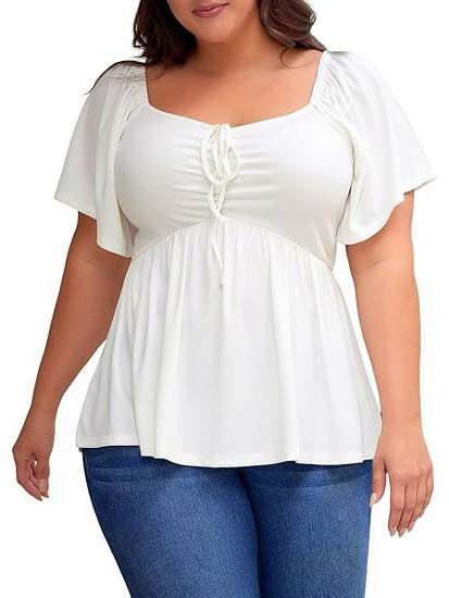 Womens Flutter Short Sleeve Shirred Peplum Plus Size Top
