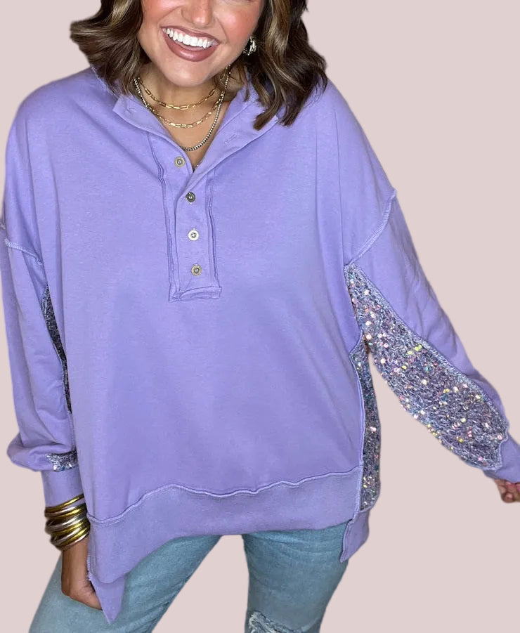 Women's Sequin Colorblock Henley Sweatshirt