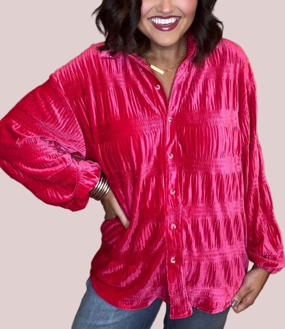 Women's Shirred Velvet Button Down Top
