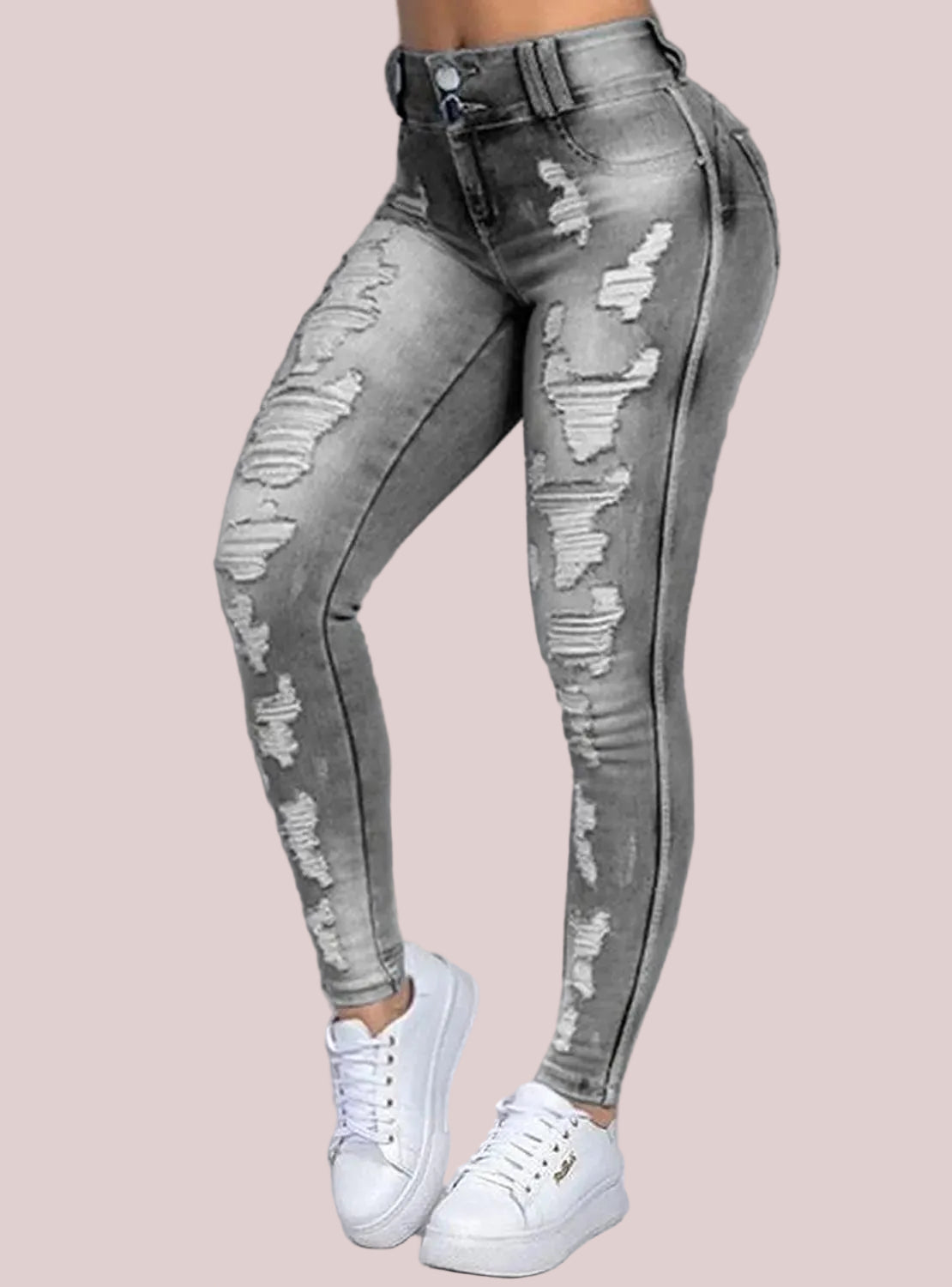 Double-button Ripped Skinny Stretch Jeans
