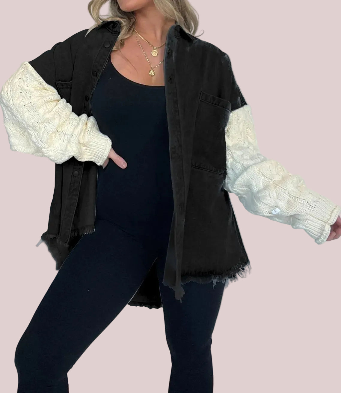 Cozy Sweater Sleeve Denim Shacket