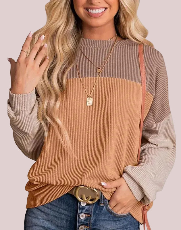 Women's Crewneck Color Block Ribbed Tops