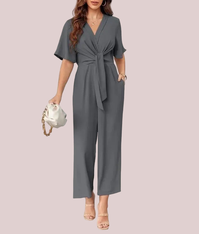 Women's V Neck Tie Knot Front Wide Leg Jumpsuits