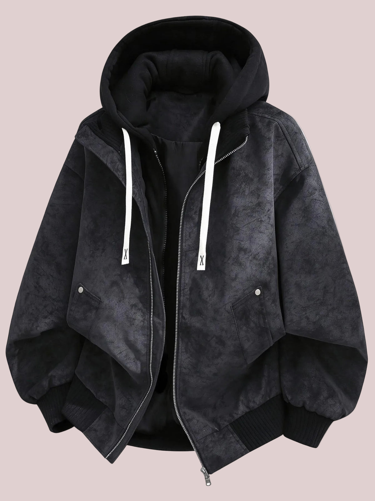 Vintage Distressed Fake Two-Piece Hooded Bomber Jacket