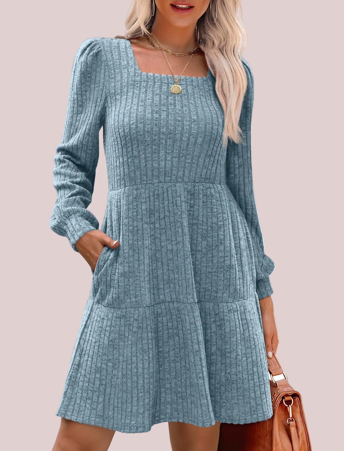 Women's Square Neck Ribbed Babydoll Knit Dress