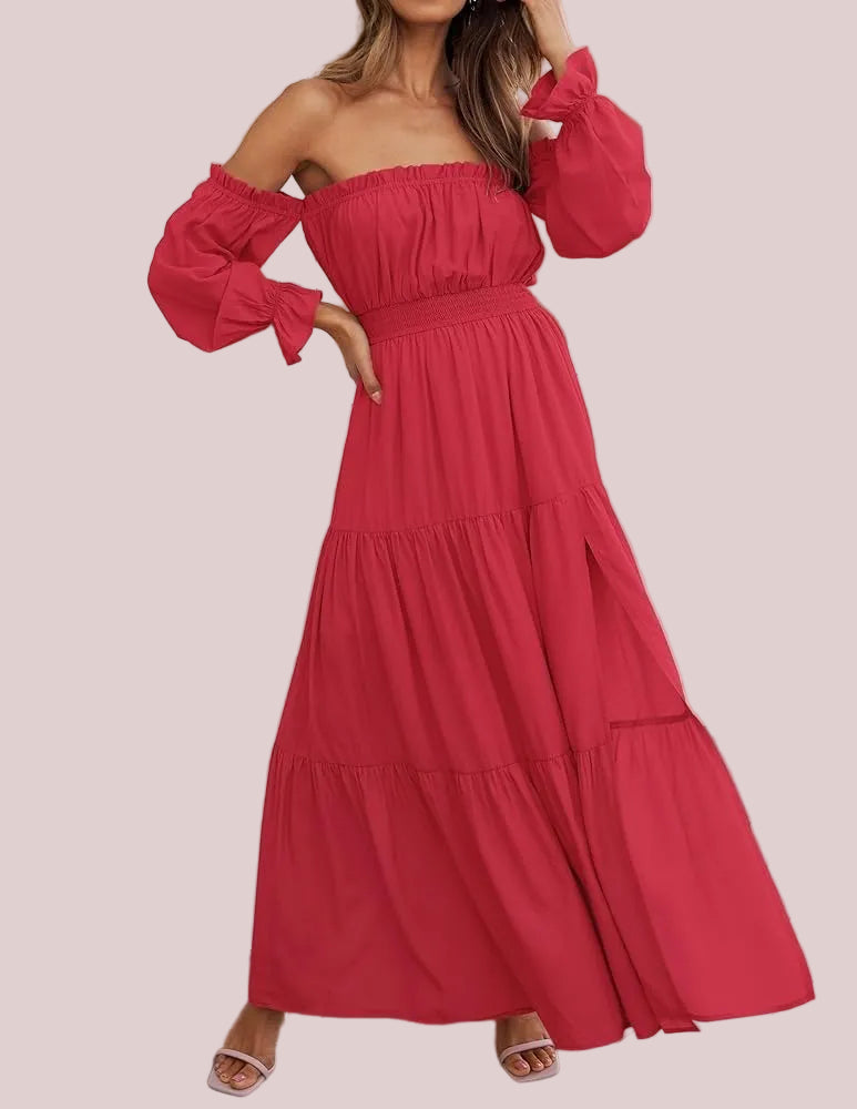 Women's Sexy Off Shoulder Side Split Flowy Maxi Dress