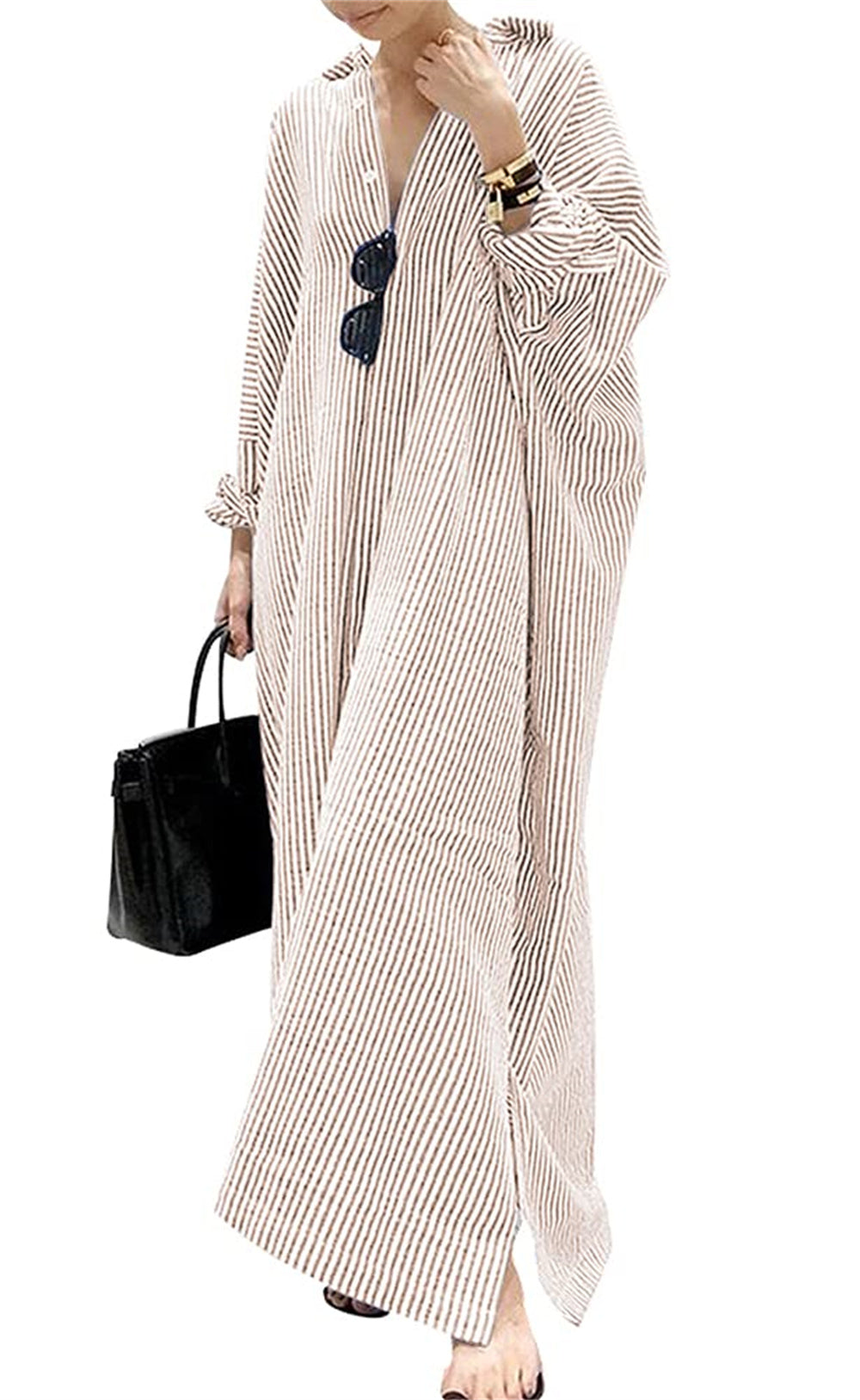 Women's Long Sleeve Button Down Loose Striped Maxi Shirt Dress