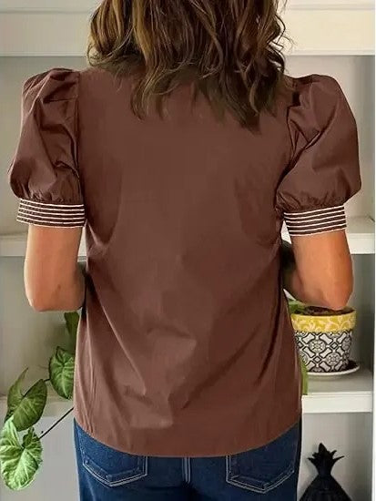 Women Contrast Stitch Stand Collar Puff Sleeve Casual Blouse
