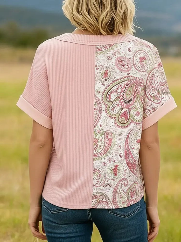 Women's V-Neck Leopard Patchwork T-Shirt