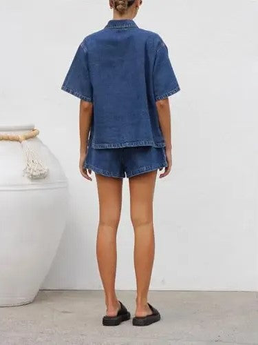 Women's Denim Short Sleeve Top & Shorts Co-ord Set