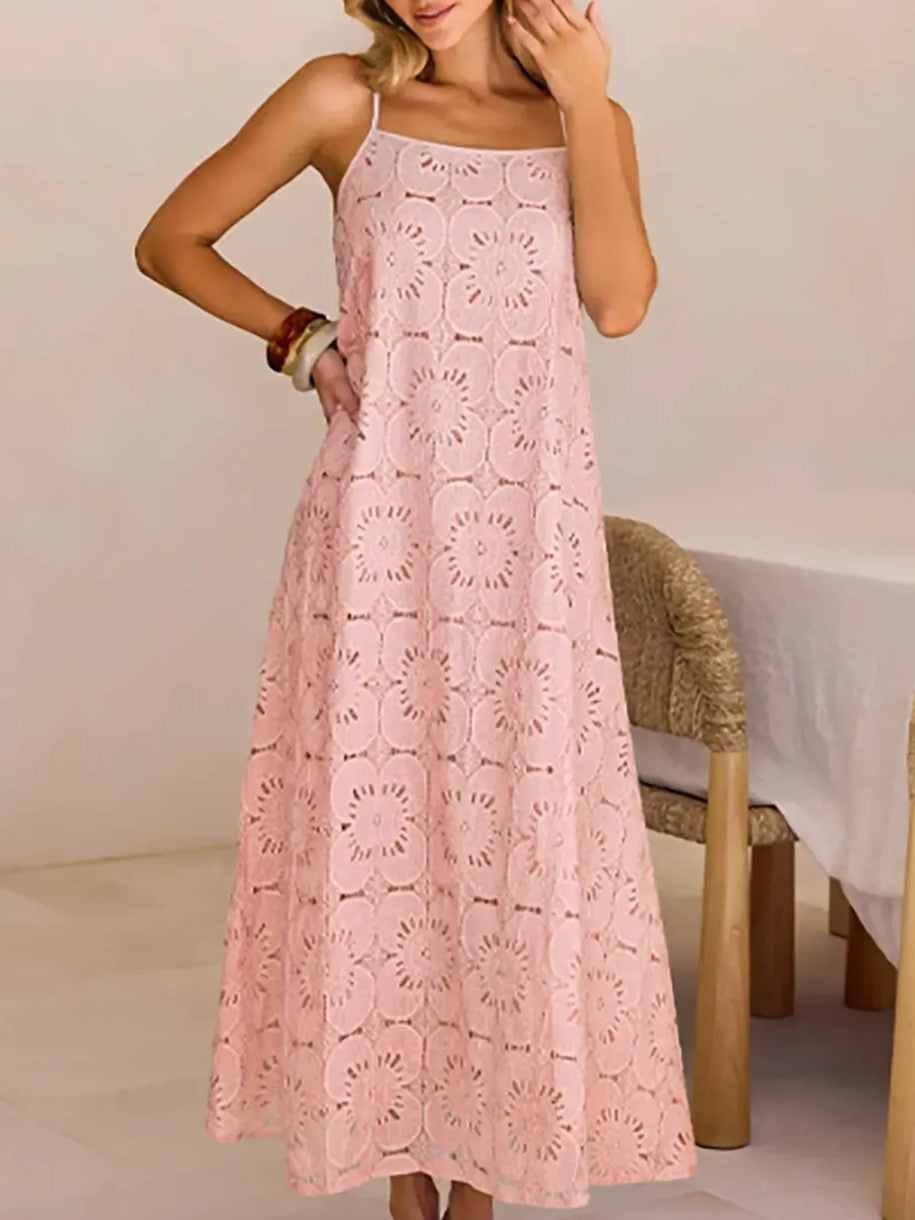 Women's Boho Hollow Floral Spaghetti Strap Maxi Dress