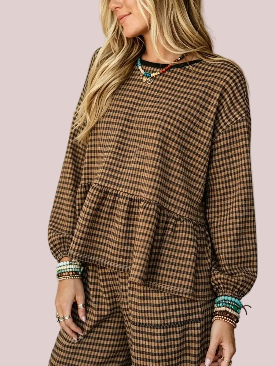 Women's Gingham Peplum Top & Wide Leg Pants 2 Piece Set