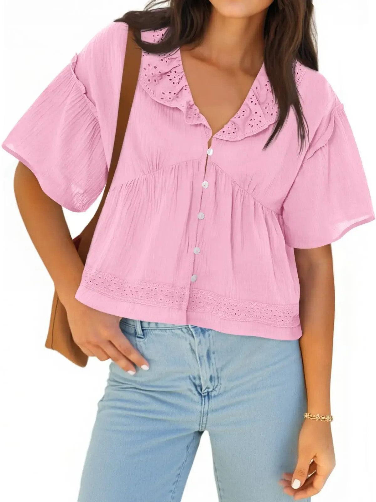 Women's Boho Eyelet V Neck Short Sleeve Top