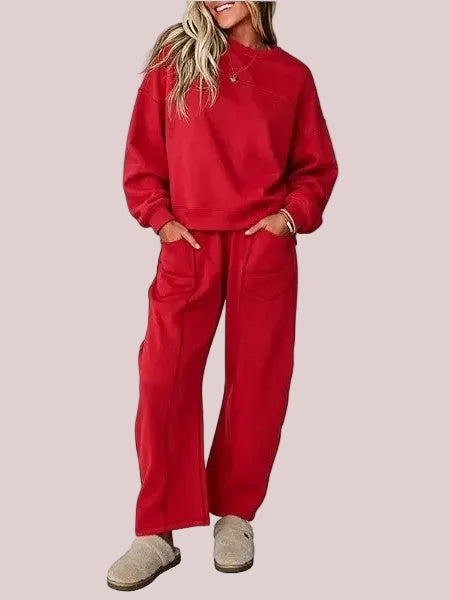 Women's Casual Stitching Detail Sweat Two‑Piece Outfit With Pockets
