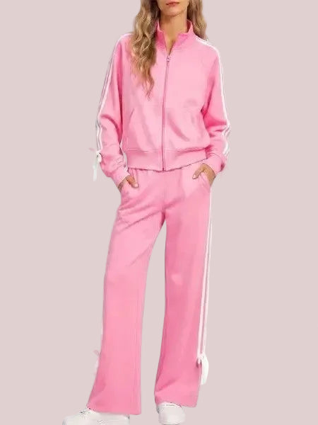 Women's Stand Collar Zip Up Side Stripe Bow Tie Tracksuit 2 Piece Outfit