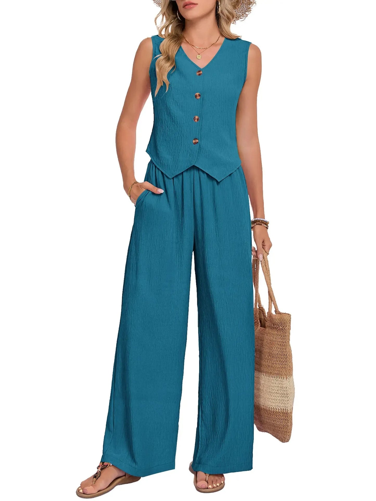 Women's Sleeveless Vest Wide Leg Pants Two Piece Set