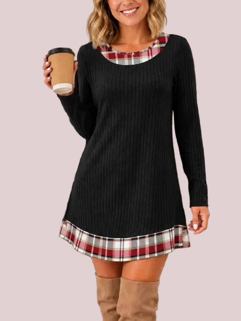 Women's Knit Textured Contrast Collar Tunic Dress