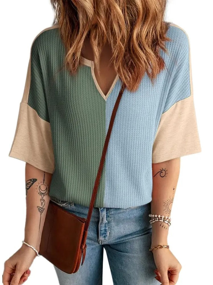 Women's Color Block Waffle Knit Notch Neck Top