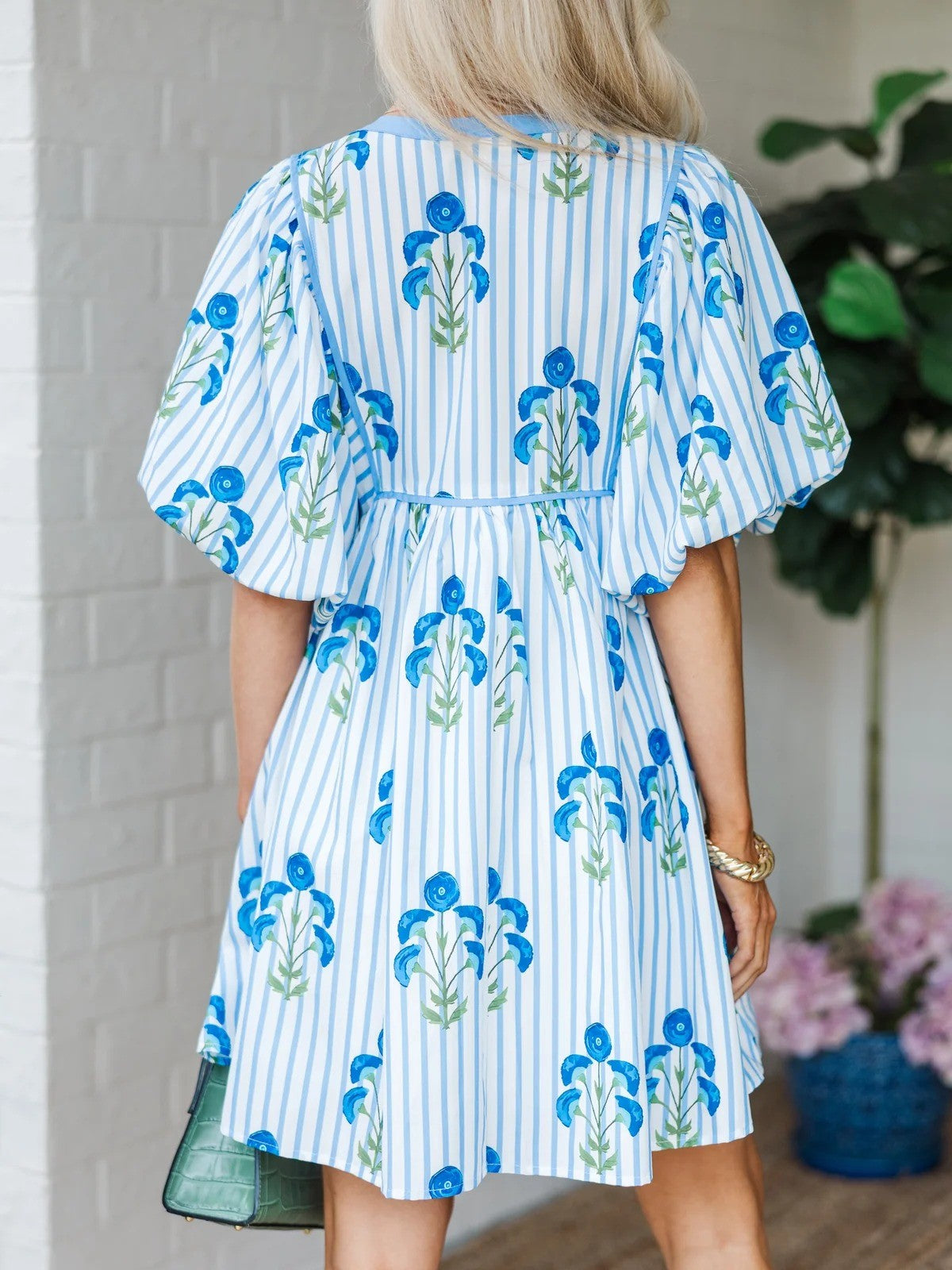 Women's Striped Floral Puff Sleeve Casual Dress
