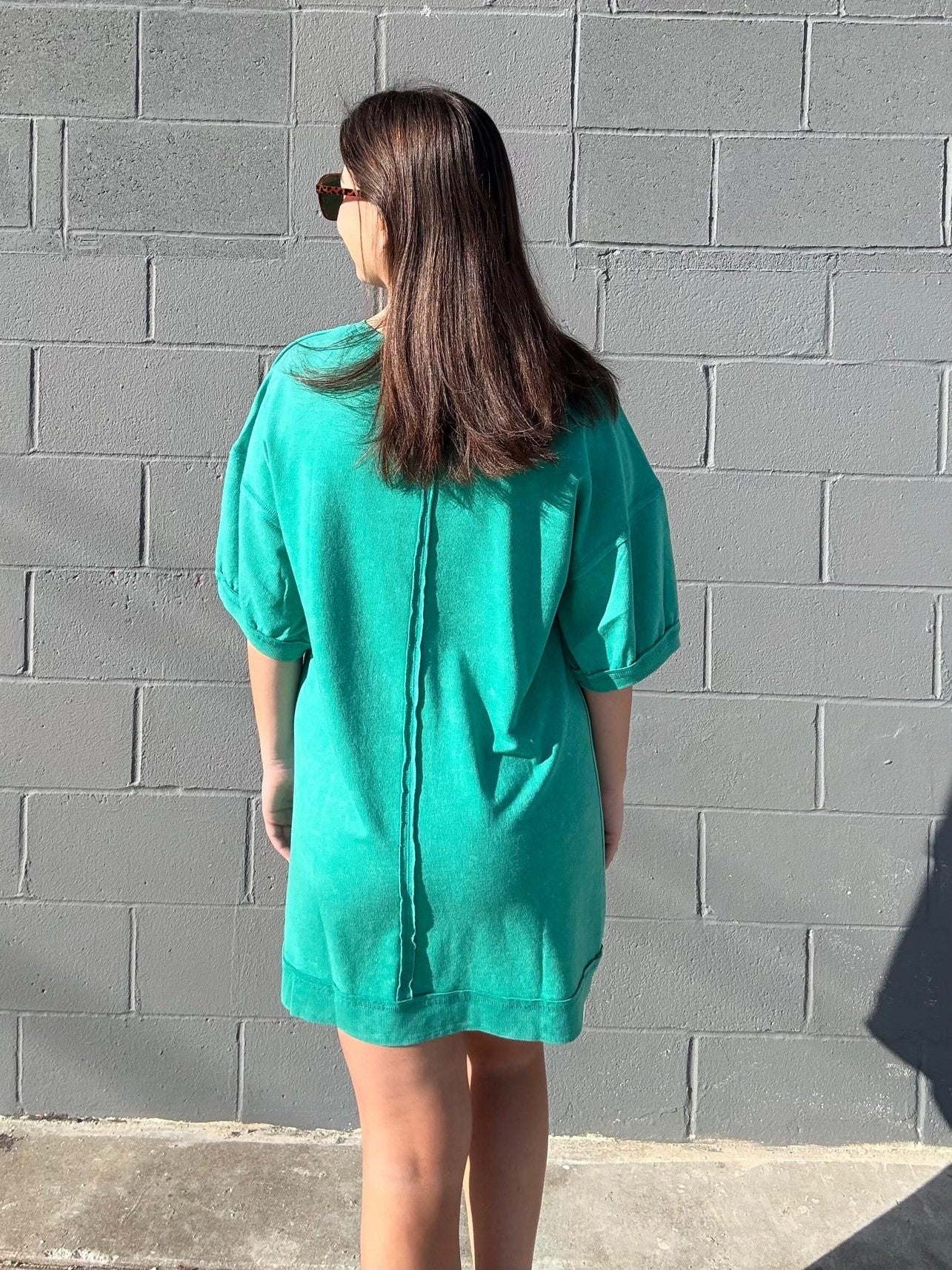Washed Cotton Crew Neck Casual Mini Dress