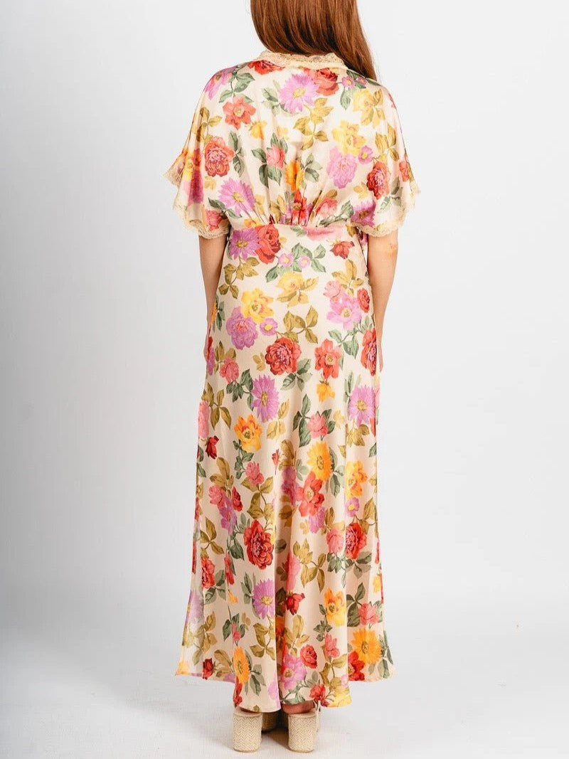 Women's Floral Lace Trim Maxi Dress