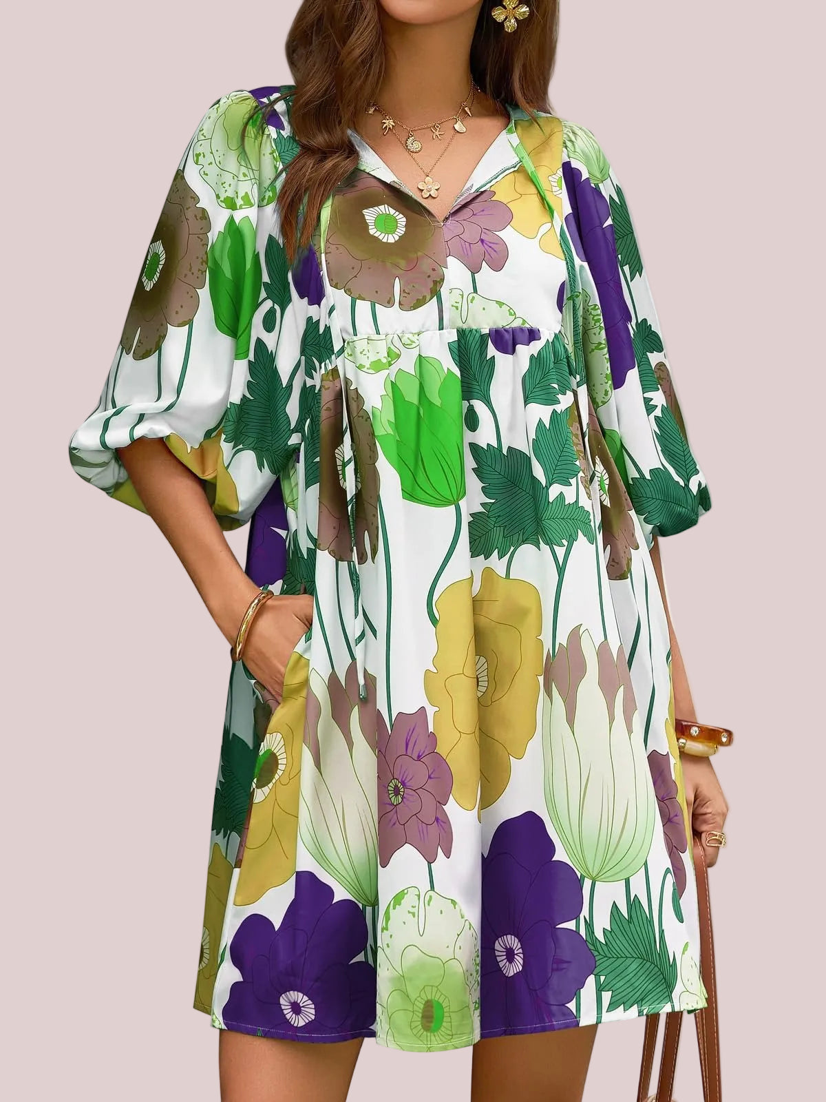 Women's Colorful Floral Half Sleeve Babydoll Dress