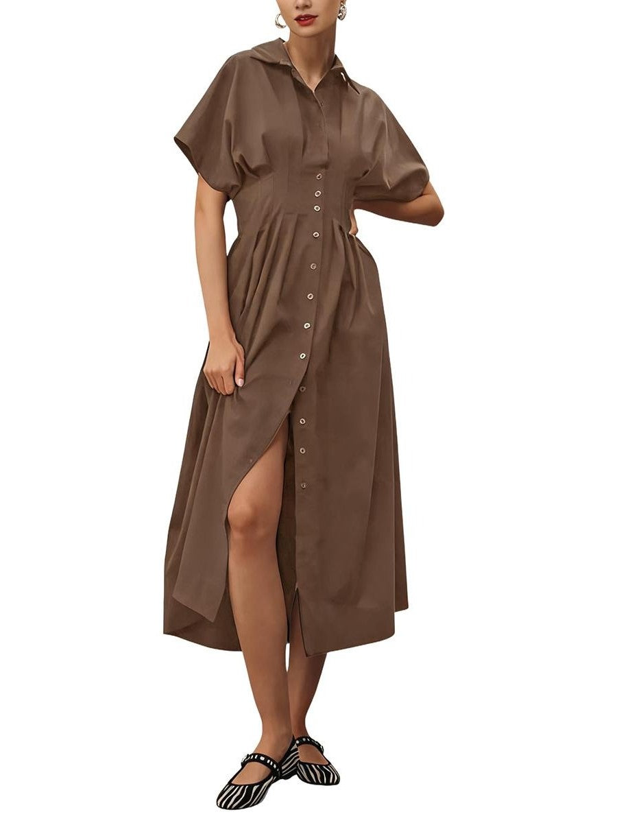 Women's Button Down Pleated Waist Shirt Dress