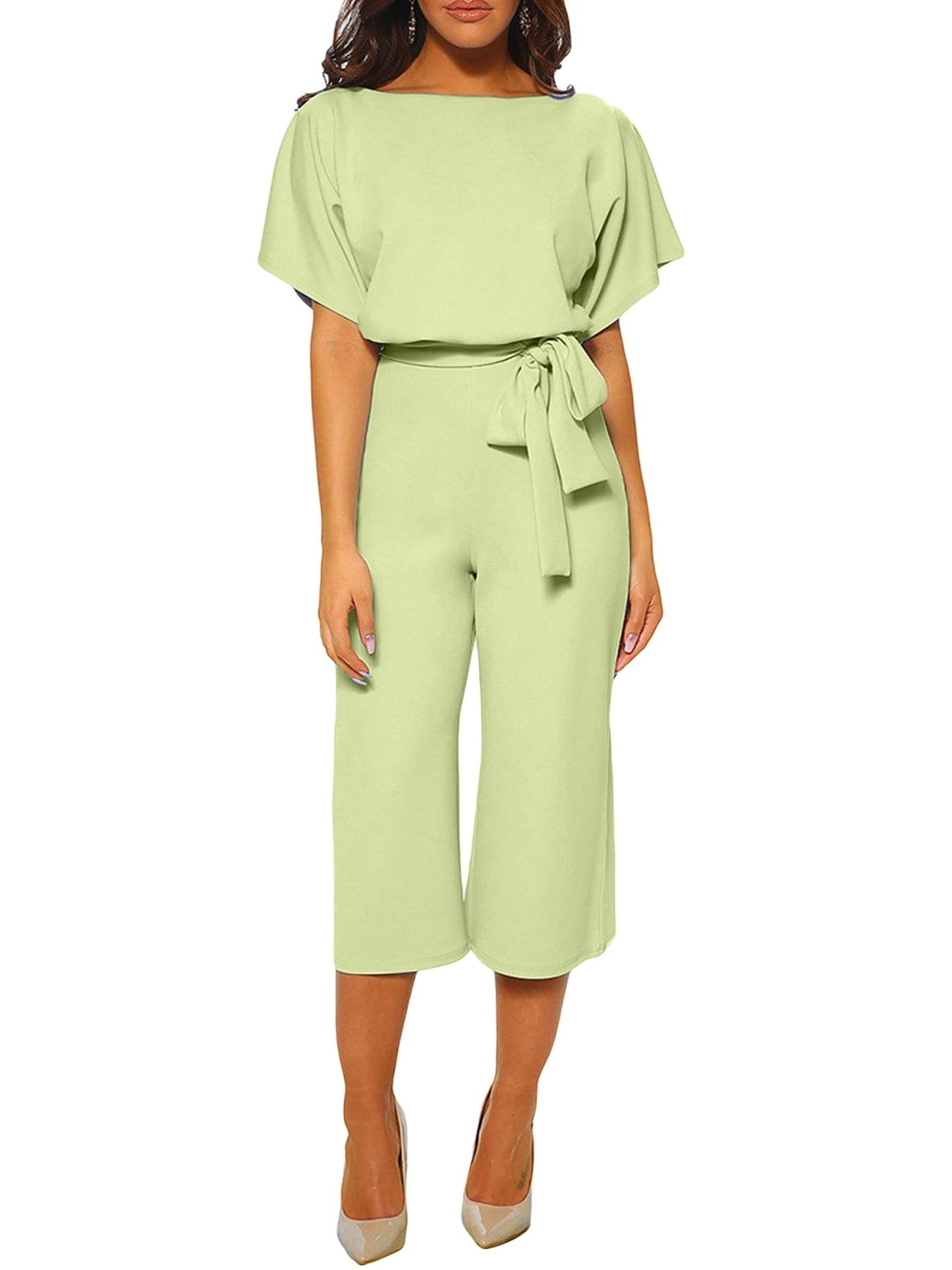 Women's Boat Neck Batwing Sleeve Tie Waist Jumpsuit
