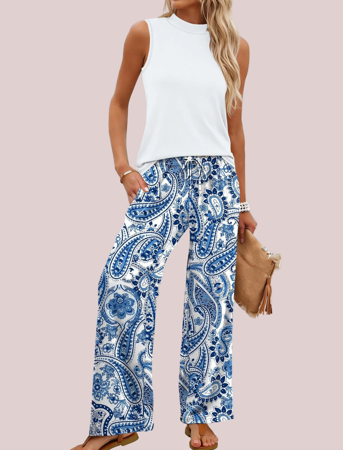 Women's Mock Neck Tank & Printed Wide Leg Pants Set