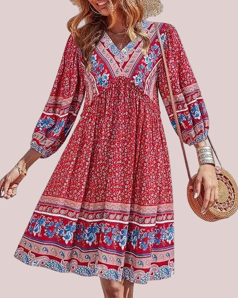 Women's Boho Printed Babydoll Mini Dress