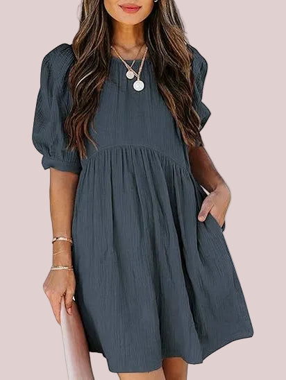 Women's Round Neck Puff Sleeve Baby Doll Dress