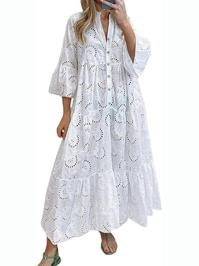 Women's 2026 Lace Eyelet Maxi Dress with Pockets