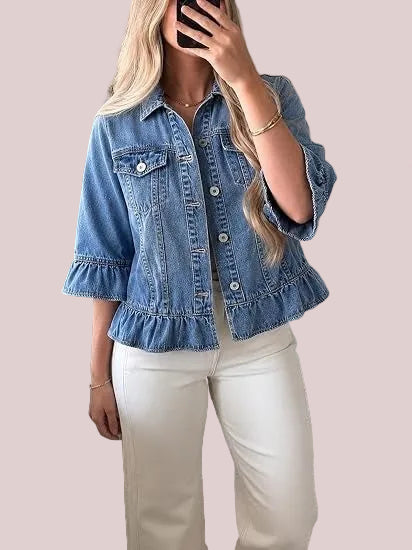 Women's 3/4 Ruffle Sleeve Denim Jacket