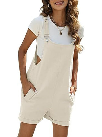 Women's Cotton Linen Short Overalls with Pockets