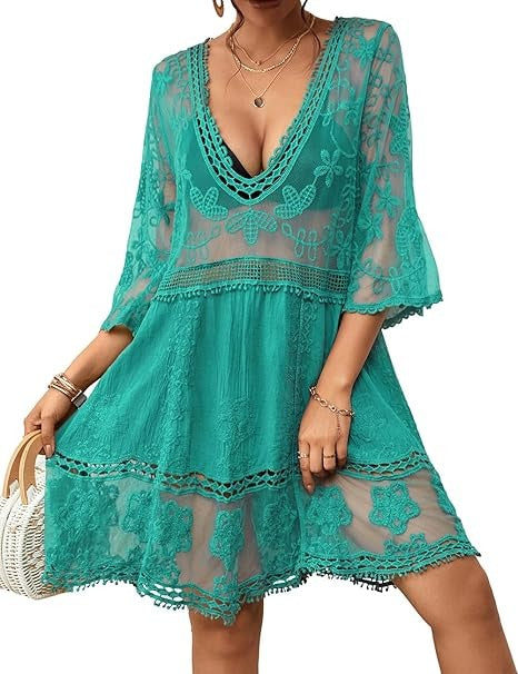 Women's Hollow Out Lace Embroidered Beach Cover Up Dress