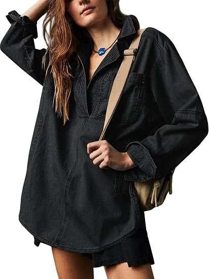 Women's Oversized Half Placket Denim Tunic Shirt