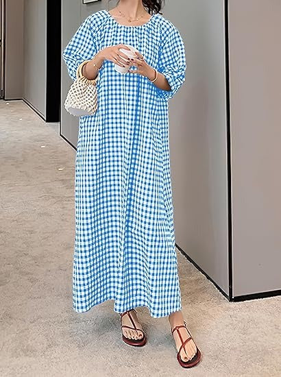Women's Casual Gingham Puff Sleeve Maxi Dress